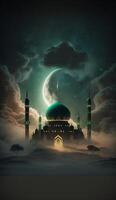 Mosque in the clouds with crescent moon. AI Generative photo