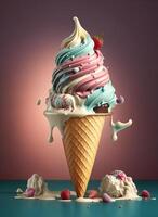 colorful flavor ice cream in cone on splash pastel background. Summer creative concept. photo