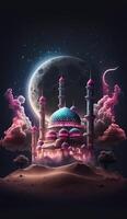 Mosque in the clouds with crescent moon. photo