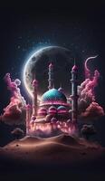 Mosque in the clouds with crescent moon. AI Generative photo