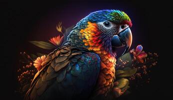 bird in colorful flowers background. AI Generative photo