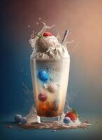 Fresh juice and smoothies with berries, fruits on dark background. photo