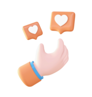 3d hand with love or like icon for UI UX web mobile apps social media ads design png