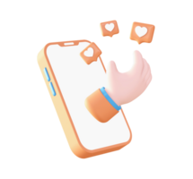 3d phone and hand with love icon for UI UX web mobile apps social media ads design png