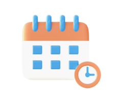 3d orange calendar date and clock time icon for UI UX web mobile apps social media ads design png