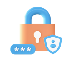 3d Orange security padlock and shield icon for UI UX web mobile apps social media ads design png