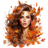 Autumn girl with falling leaves png