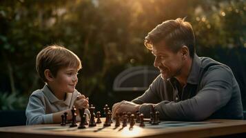 papá y niño jugando ajedrez foto