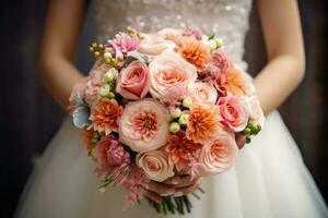 un hermosa novia participación su rosado y blanco Boda ramo de flores foto