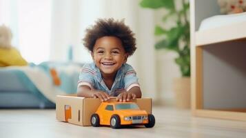 Father, son and playing at home with pretend car in a box on moving day in new property photo