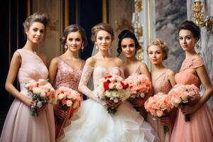 Bridesmaids in the background, with pink and white flowers photo