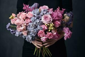 mujer sosteniendo ramo de flores foto