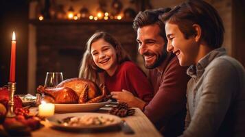 Happy family at Thanksgiving dinner photo