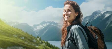 Woman in the mountains with backpack photo