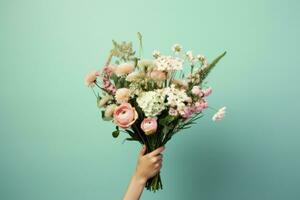 mujer sosteniendo ramo de flores foto