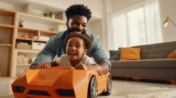 Father, son and playing at home with pretend car in a box on moving day in new property photo