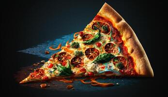 Hot tasty pizza with fire flames on dark background. Image for menu or poster. photo
