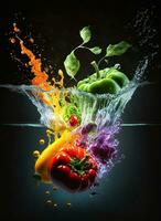 Splashing fruit on water. Fresh Fruit and Vegetables being shot as they submerged under water. photo