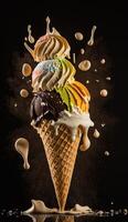 colorful flavor ice cream in cone on splash pastel background. Summer creative concept. photo