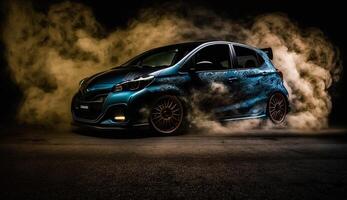 Classic modified car with dark smokie background, photo