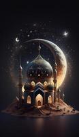 Mosque in the clouds with crescent moon. photo