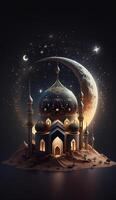 Mosque in the clouds with crescent moon. AI Generative photo