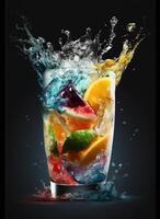 Fresh juice and smoothies with berries, fruits on dark background. AI Generative photo