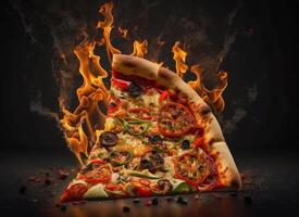 Hot tasty pizza with fire flames on dark background. Image for menu or poster. photo
