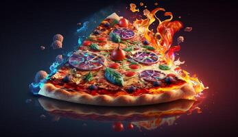 Hot tasty pizza with fire flames on dark background. Image for menu or poster. photo