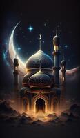 Mosque in the clouds with crescent moon. AI Generative photo