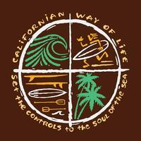 Handmade vector colorful illustration of surfing elements. Art in free and stripped style. Design for printing on t-shirts, posters and etc.