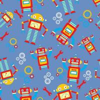 Vector illustration of repeating pattern of robots in retro childish style. Colorful, editable artwork for printing onto fabrics, wallpapers, etc.