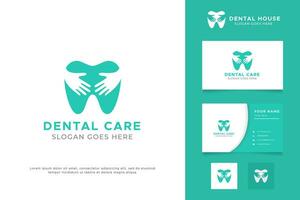 Dental Care Logo from Abstract Shape Tooth and Hug Hand. Sign Symbol for Dentist Clinic Care and Hospital. Vector Template Business Card Brand Identity.