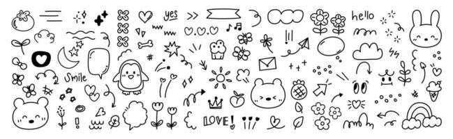 Set of cute pen line doodle element vector. Hand drawn doodle style collection of heart, speech bubble, word, cloud, penguin, ice cream. Design for decoration, sticker, idol poster, social media vector