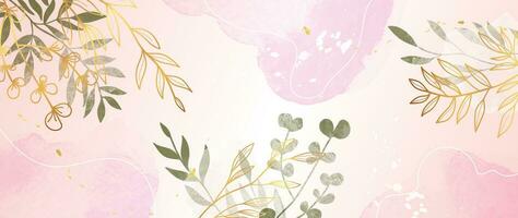 Spring floral in watercolor vector background. Luxury wallpaper design with eucalyptus, line art, golden texture. Elegant gold blossom flowers illustration suitable for fabric, prints, cover.