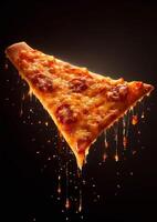 Hot tasty pizza with fire flames on dark background. Image for menu or poster. photo