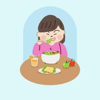 Happy Little Girl Eating Salads. Healthy Diet and Nutrition for Joyful Living. vector