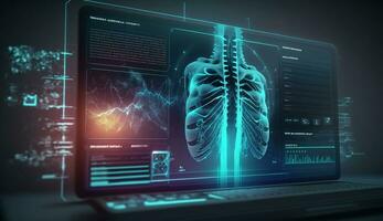 humano cuerpo bajo escuela politécnica estructura alámbrica futurista escanear colocar, humano holograma, cuerpo radiografía, 3d modelo en hud estilo. ai generativo foto