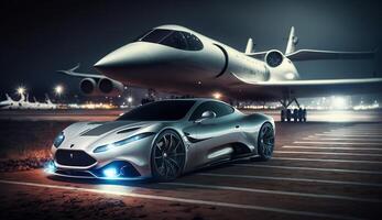 Free photo of Business class private jet and luxury car on airport.