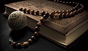 The Holy Al Quran with written Arabic calligraphy meaning of Al Quran and rosary beads or tasbih. AI Generative photo