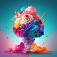 colorful flavor ice cream in cone on splash pastel background. Summer creative concept. AI Generative photo