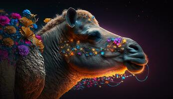 Muslim holiday Eid al-Adha, sacrifice of animal neon effect and colorful flowers. AI Generative photo