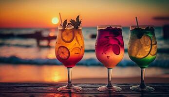 Fresh juice and smoothies with berries, fruits on dark background. photo