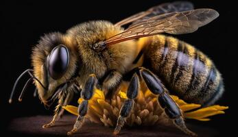 Honey Bee on dark background, Close Up Macro. photo