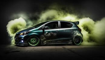 Classic modified car with dark smokie background, photo