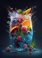 Fresh juice and smoothies with berries, fruits on dark background. photo