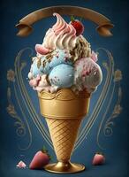 colorful flavor ice cream in cone on splash pastel background. Summer creative concept. AI Generative photo