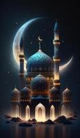 Mosque in the clouds with crescent moon. AI Generative photo