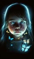 un pequeño niña con brillante neo luces mariposa. generativo ai imagen. foto