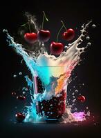 Fresh juice and smoothies with berries, fruits on dark background. AI Generative photo